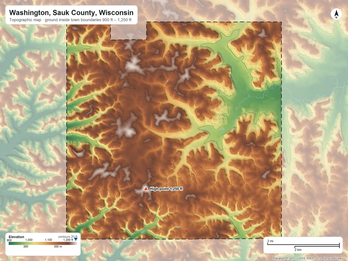Topographic elevation map of Washington, Sauk County, Wisconsin, shaded from 900 ft on the southwest side to 1,250 ft on the southwest side