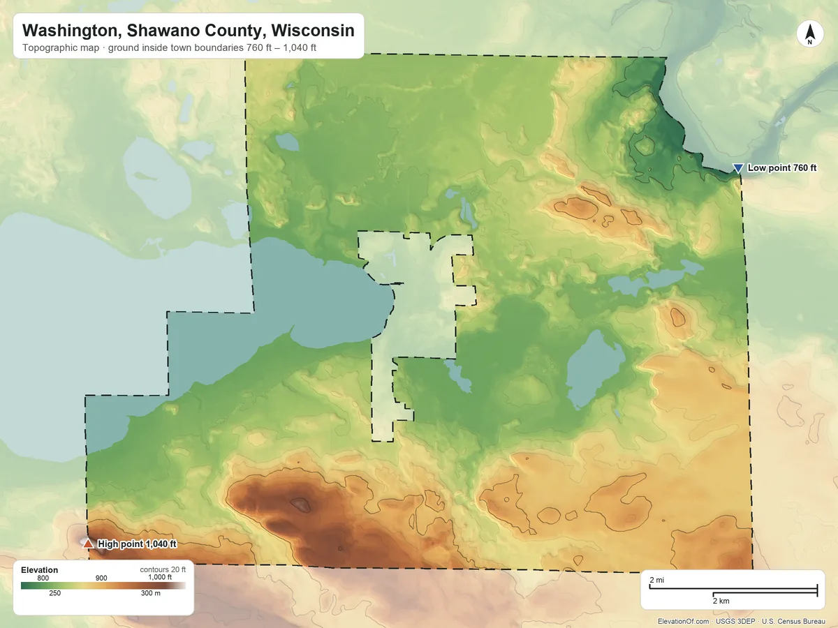 Topographic elevation map of Washington, Shawano County, Wisconsin, shaded from 760 ft on the northeast side to 1,040 ft on the southwest side