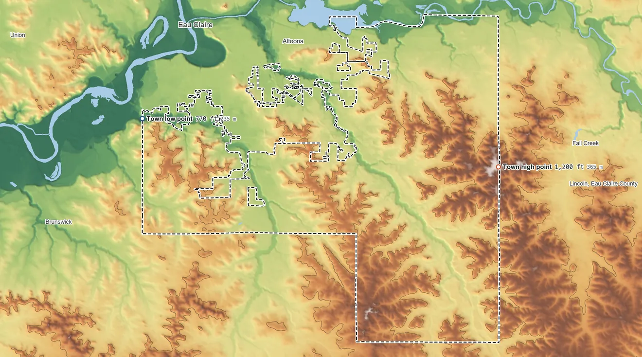 Topographic elevation map of Washington, Wisconsin, shaded from 770 ft on the west side to 1,200 ft on the east side