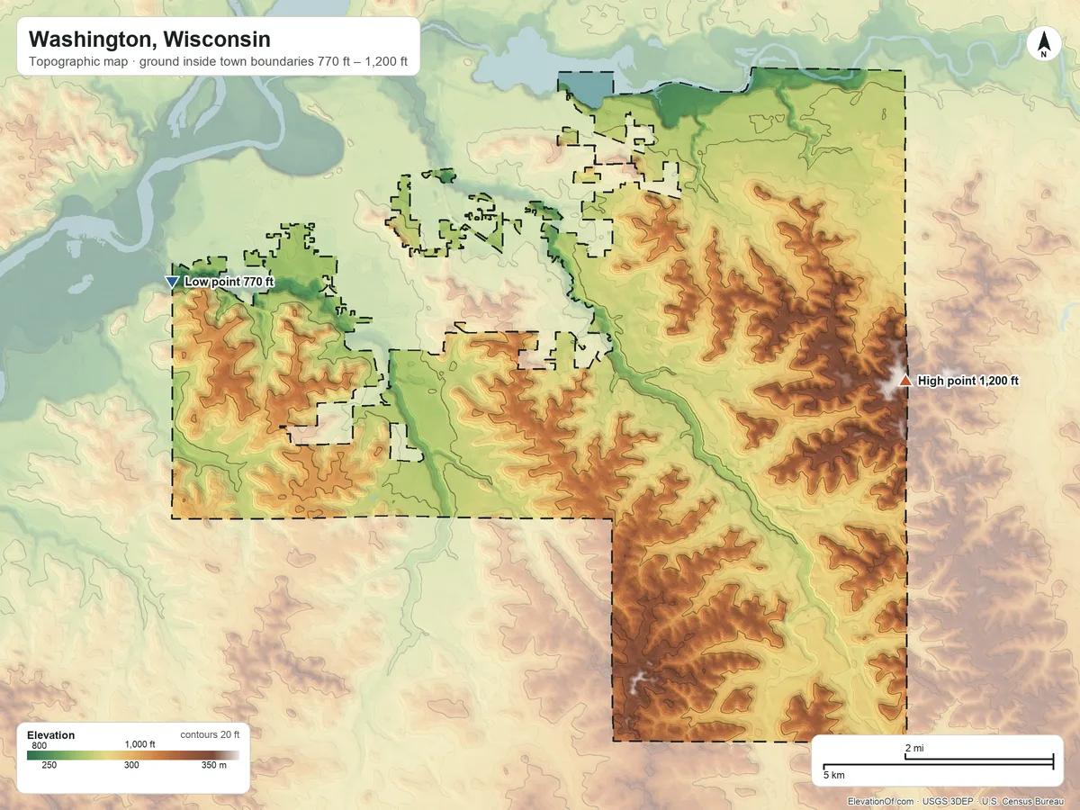 Topographic elevation map of Washington, Wisconsin, shaded from 770 ft on the west side to 1,200 ft on the east side