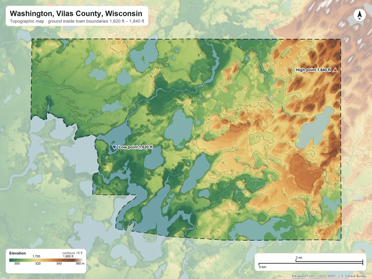 Topographic elevation map of Washington, Vilas County, Wisconsin, shaded from 1,620 ft near the middle to 1,840 ft on the east side