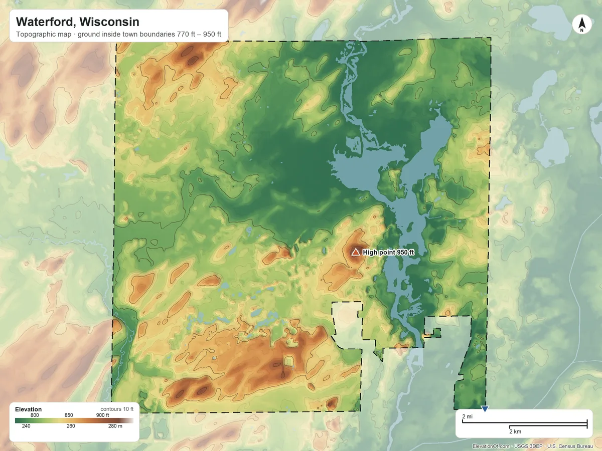 Topographic elevation map of Waterford, Wisconsin, shaded from 770 ft on the southeast side to 950 ft near the middle