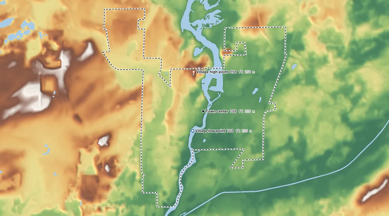 Topographic elevation map of Village of Waterford, Wisconsin, shaded from 760 ft near the middle to 890 ft on the north side
