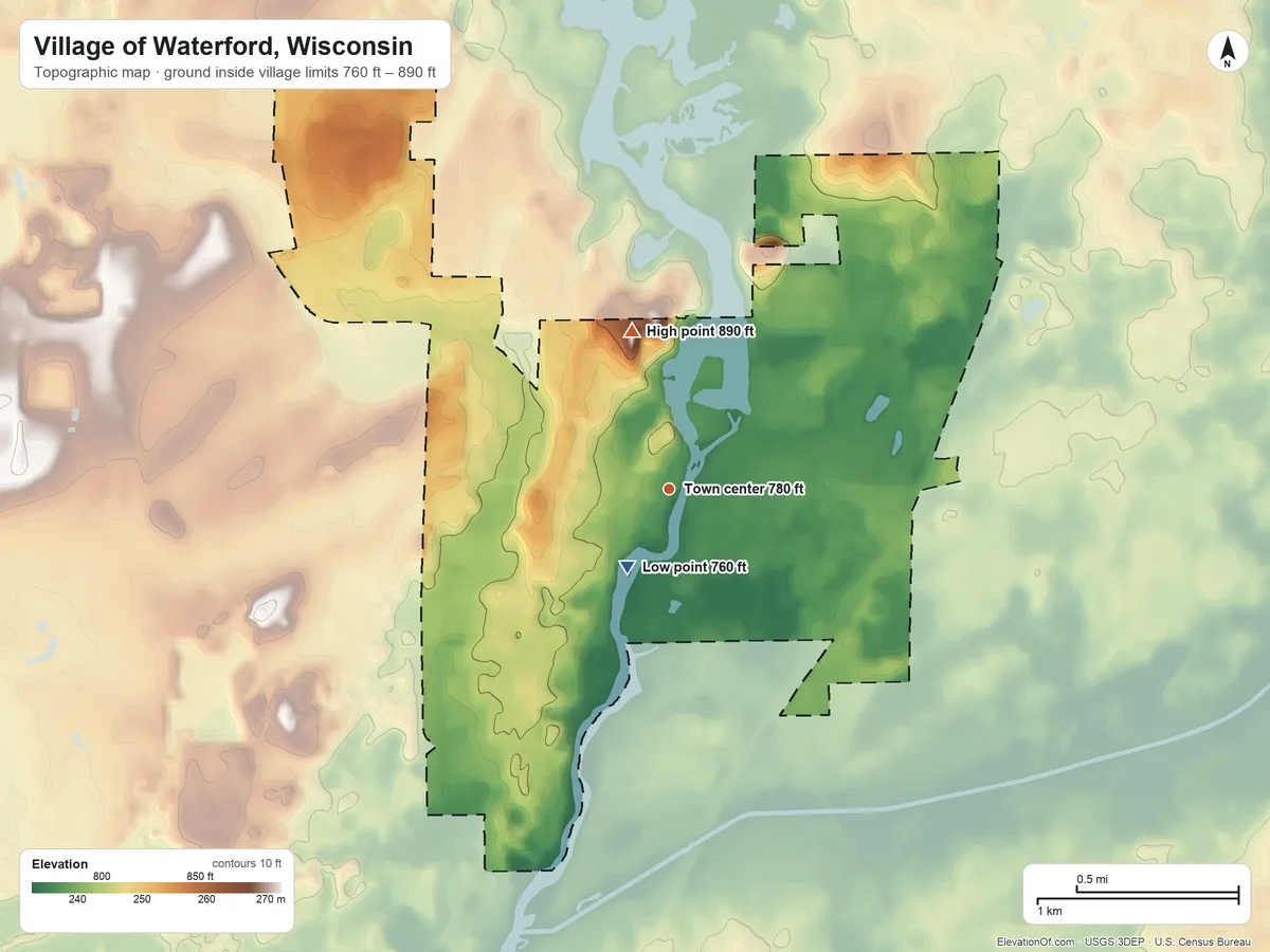 Topographic elevation map of Village of Waterford, Wisconsin, shaded from 760 ft near the middle to 890 ft on the north side