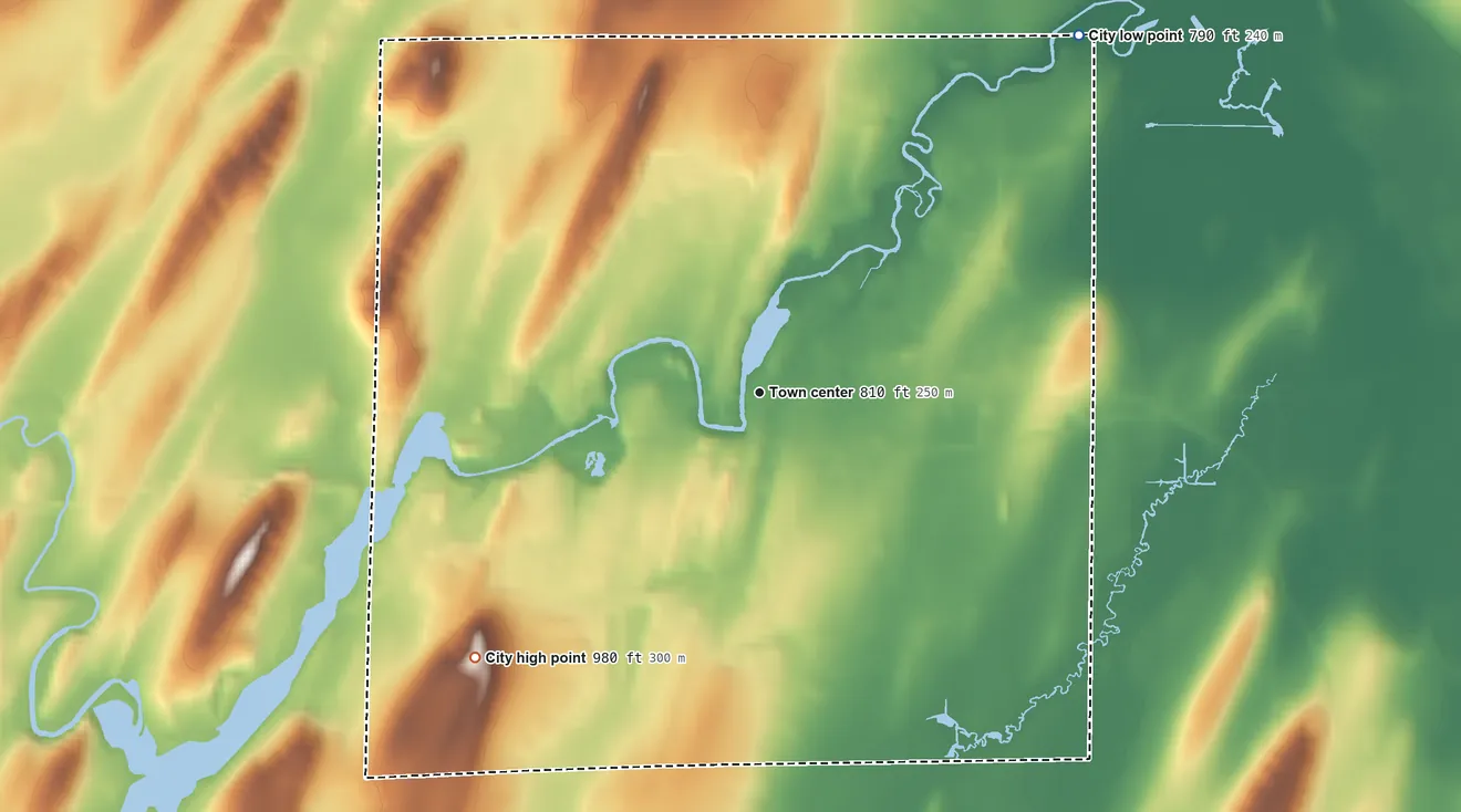 Topographic elevation map of Waterloo, Wisconsin, shaded from 790 ft on the northeast side to 980 ft on the southwest side