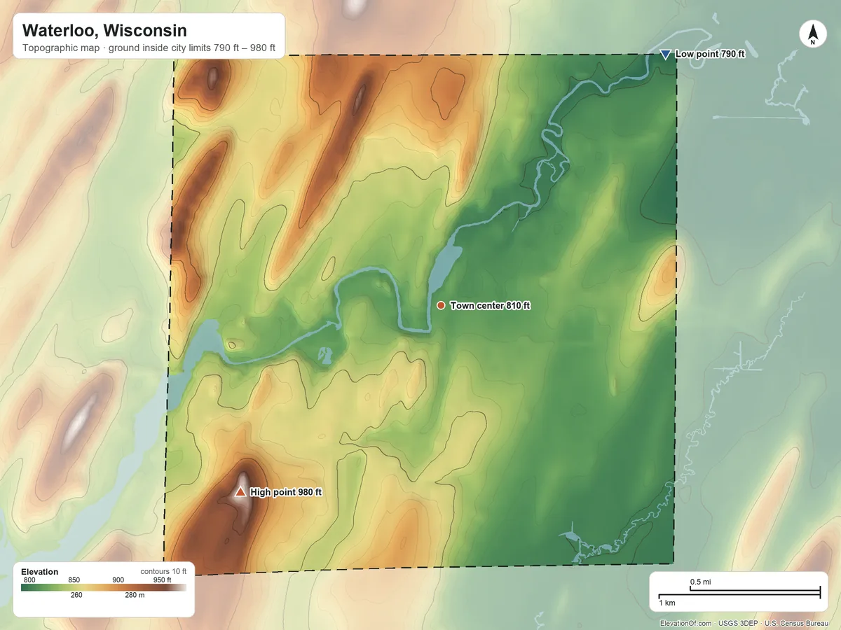 Topographic elevation map of Waterloo, Wisconsin, shaded from 790 ft on the northeast side to 980 ft on the southwest side