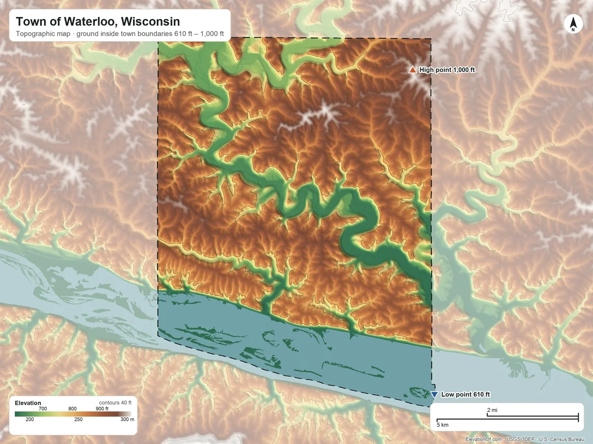 Topographic elevation map of Town of Waterloo, Wisconsin, shaded from 610 ft on the southeast side to 1,000 ft on the northeast side