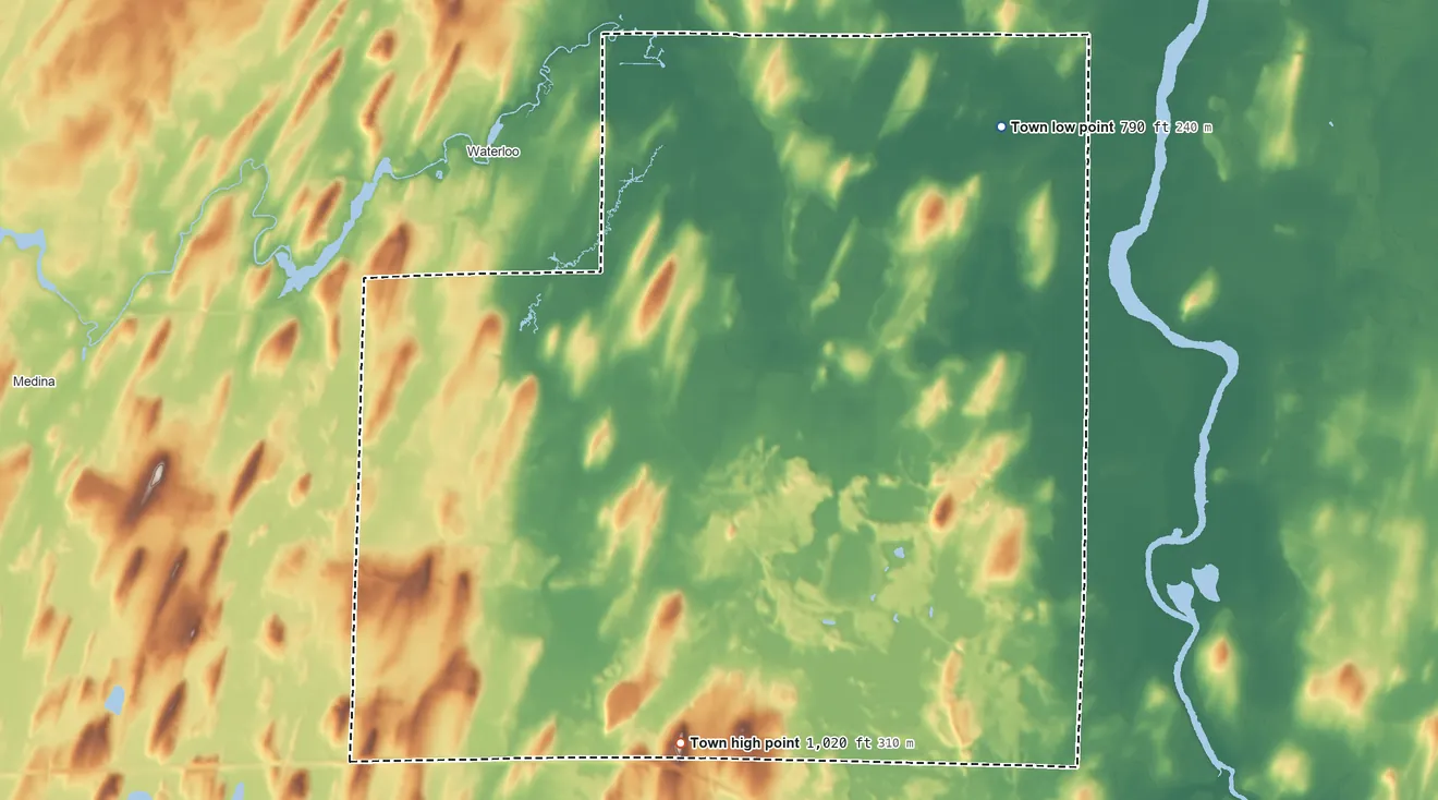 Topographic elevation map of Town of Waterloo, Wisconsin, shaded from 790 ft on the northeast side to 1,020 ft on the south side