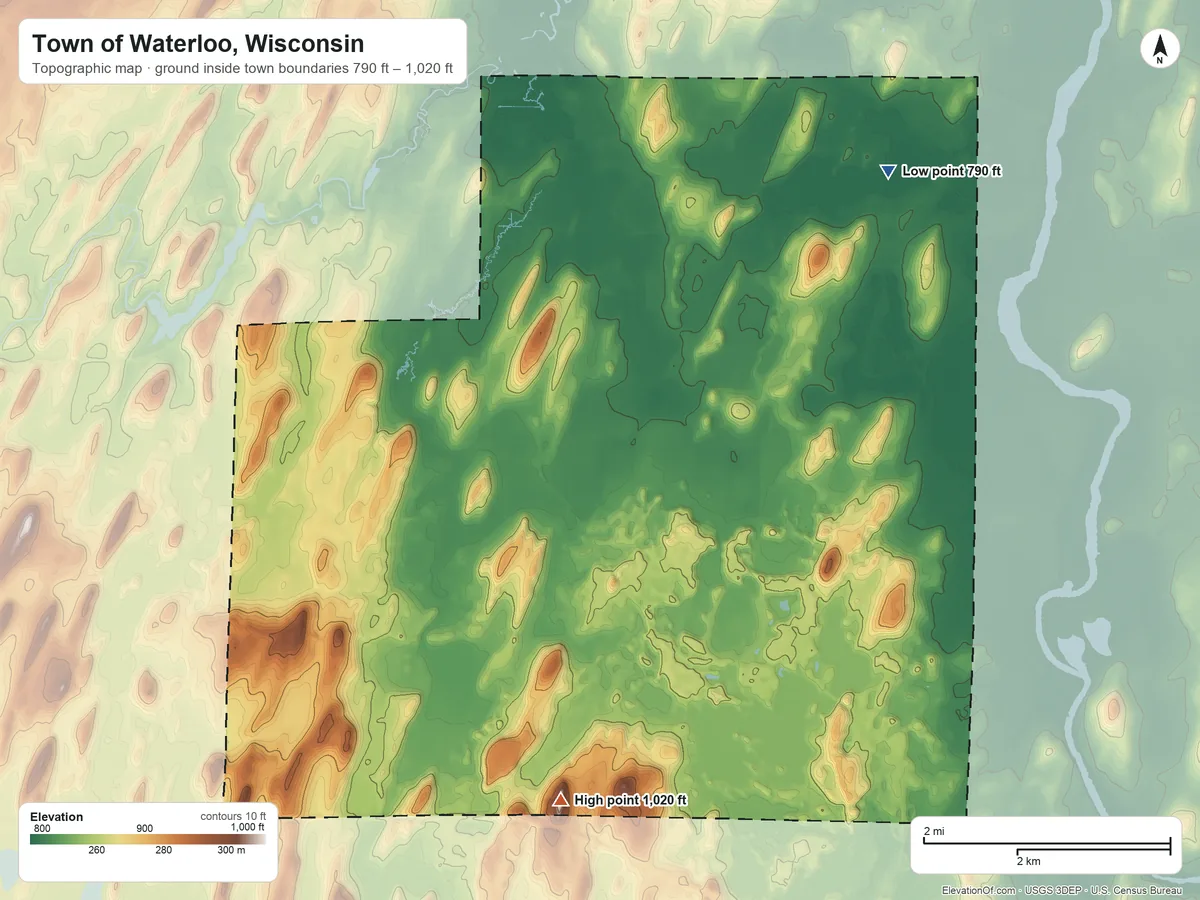 Topographic elevation map of Town of Waterloo, Wisconsin, shaded from 790 ft on the northeast side to 1,020 ft on the south side
