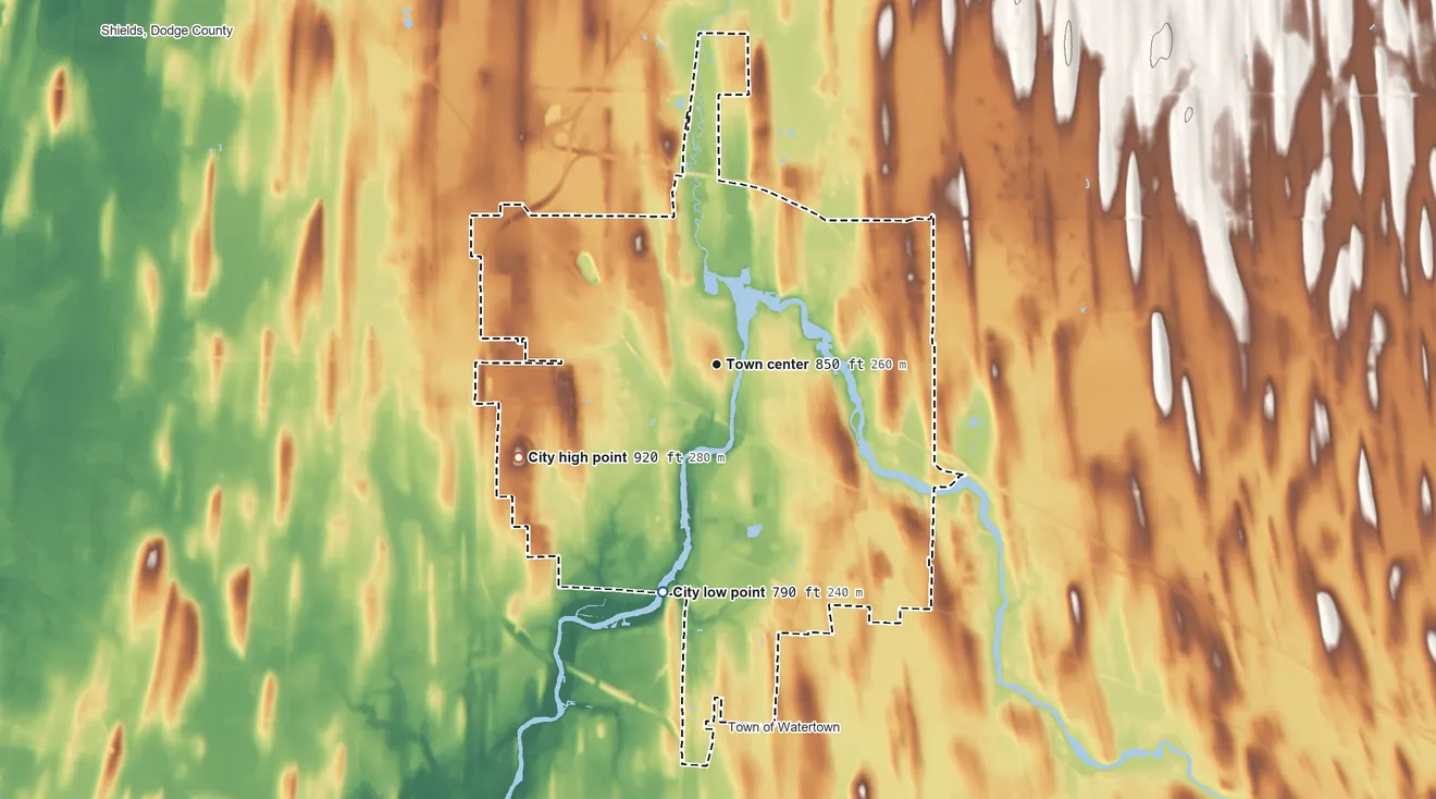 Topographic elevation map of Watertown, Wisconsin, shaded from 790 ft on the south side to 920 ft on the southwest side