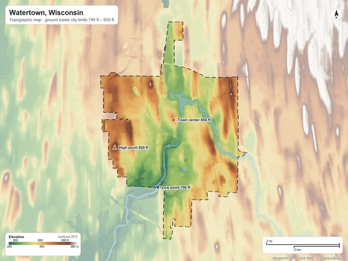 Topographic elevation map of Watertown, Wisconsin, shaded from 790 ft on the south side to 920 ft on the southwest side