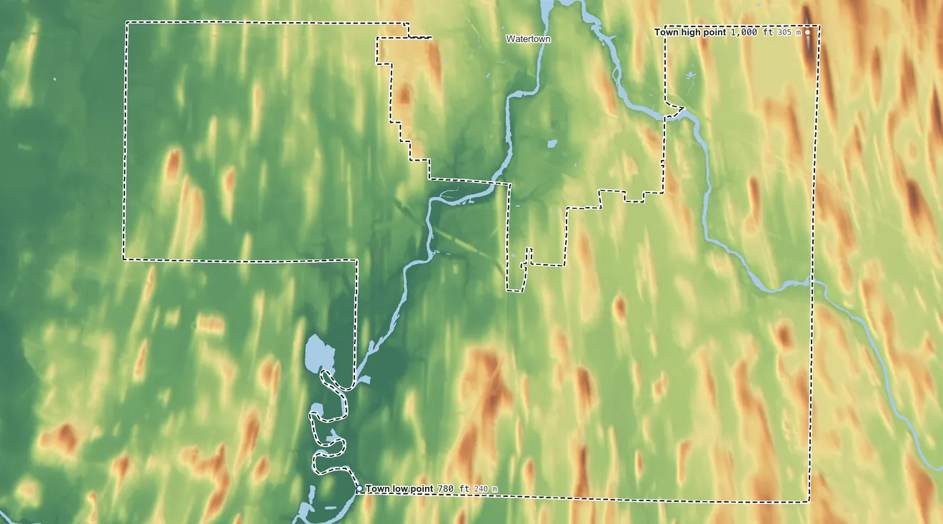 Topographic elevation map of Town of Watertown, Wisconsin, shaded from 780 ft on the southwest side to 1,000 ft on the northeast side