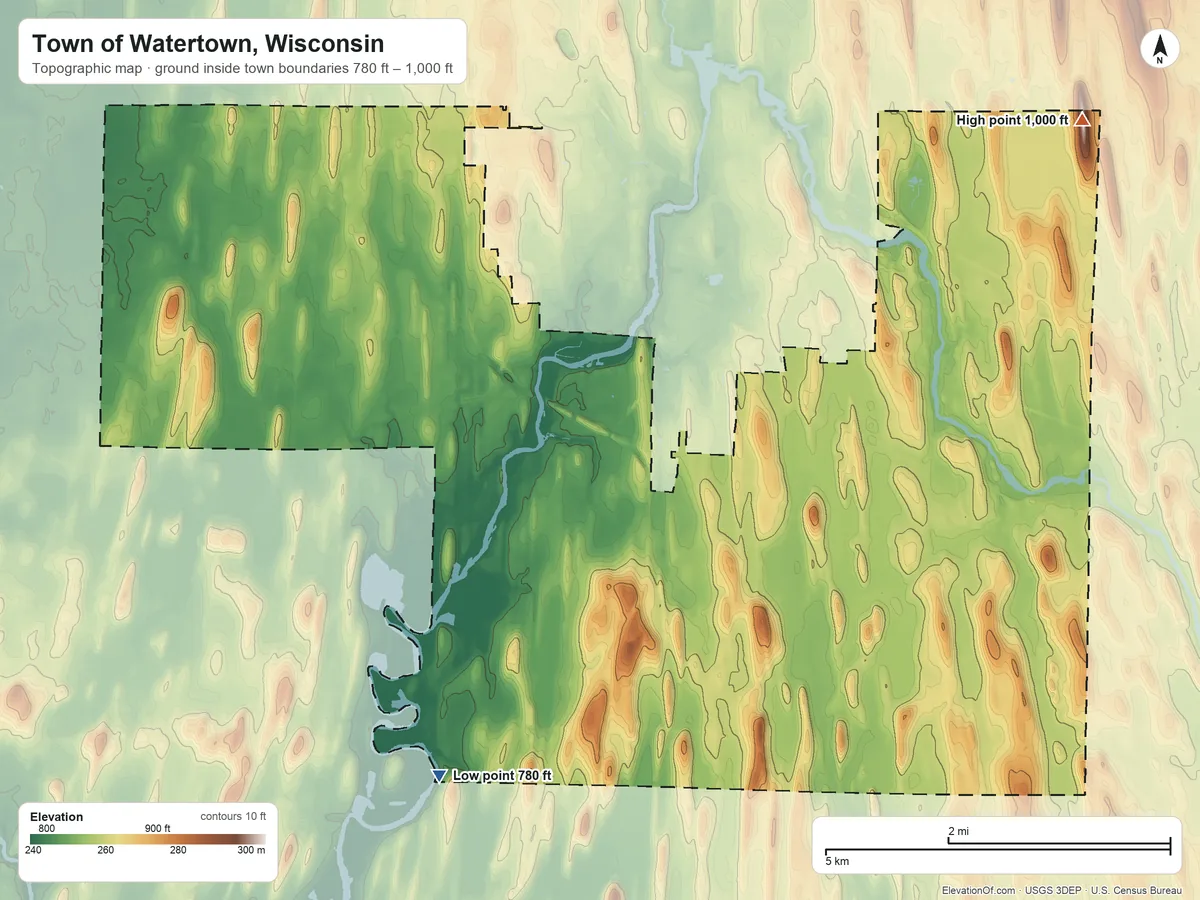 Topographic elevation map of Town of Watertown, Wisconsin, shaded from 780 ft on the southwest side to 1,000 ft on the northeast side