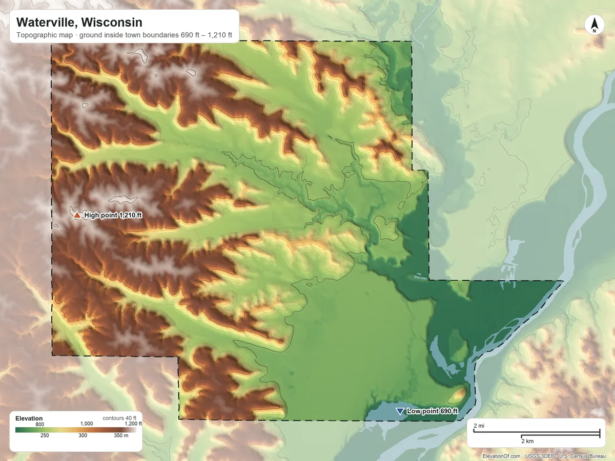 Topographic elevation map of Waterville, Wisconsin, shaded from 690 ft on the southeast side to 1,210 ft on the west side
