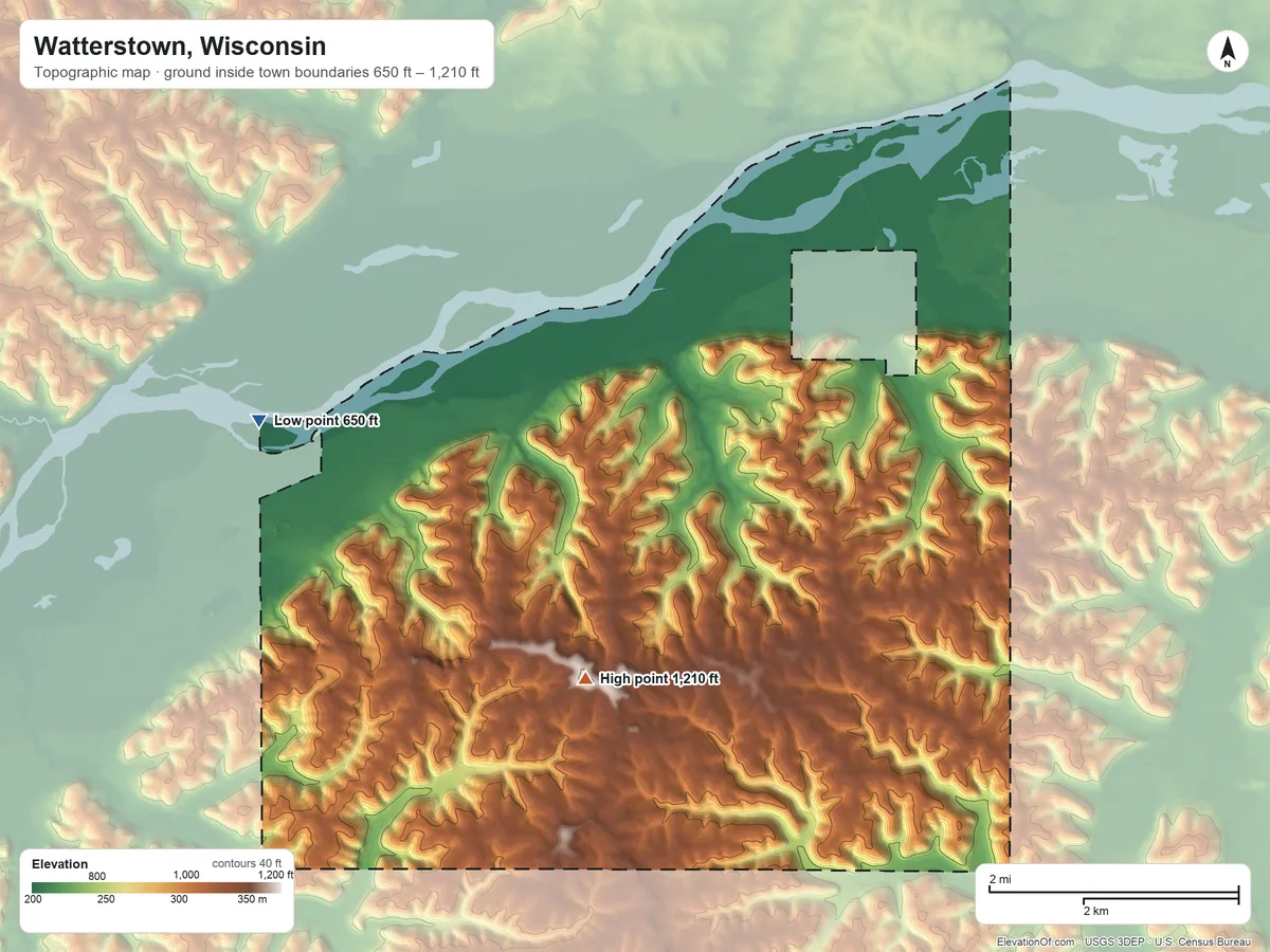 Topographic elevation map of Watterstown, Wisconsin, shaded from 650 ft on the west side to 1,210 ft on the southwest side