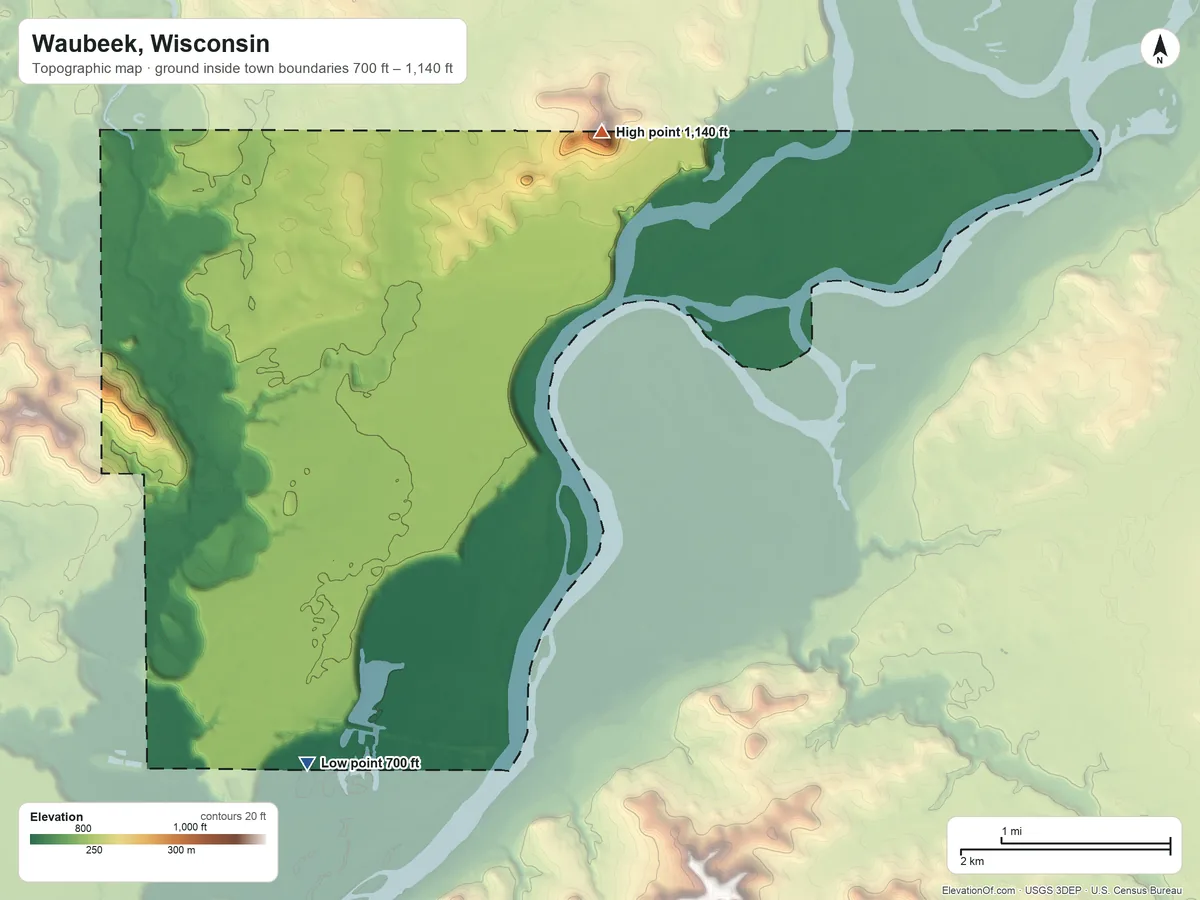 Topographic elevation map of Waubeek, Wisconsin, shaded from 700 ft on the south side to 1,140 ft on Waubeek Mound