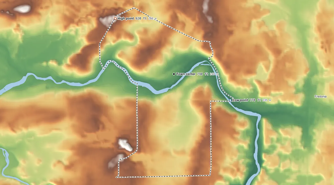 Topographic elevation map of Waubeka, Wisconsin, shaded from 770 ft on the southeast side to 920 ft on the northwest side