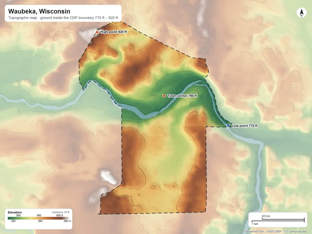 Topographic elevation map of Waubeka, Wisconsin, shaded from 770 ft on the southeast side to 920 ft on the northwest side
