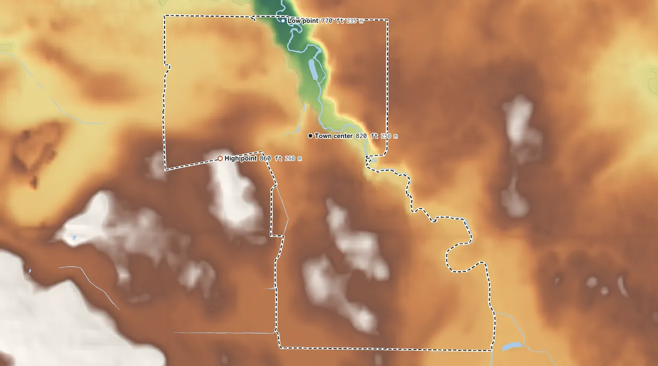Topographic elevation map of Waukau, Wisconsin, shaded from 770 ft on the north side to 860 ft on the west side