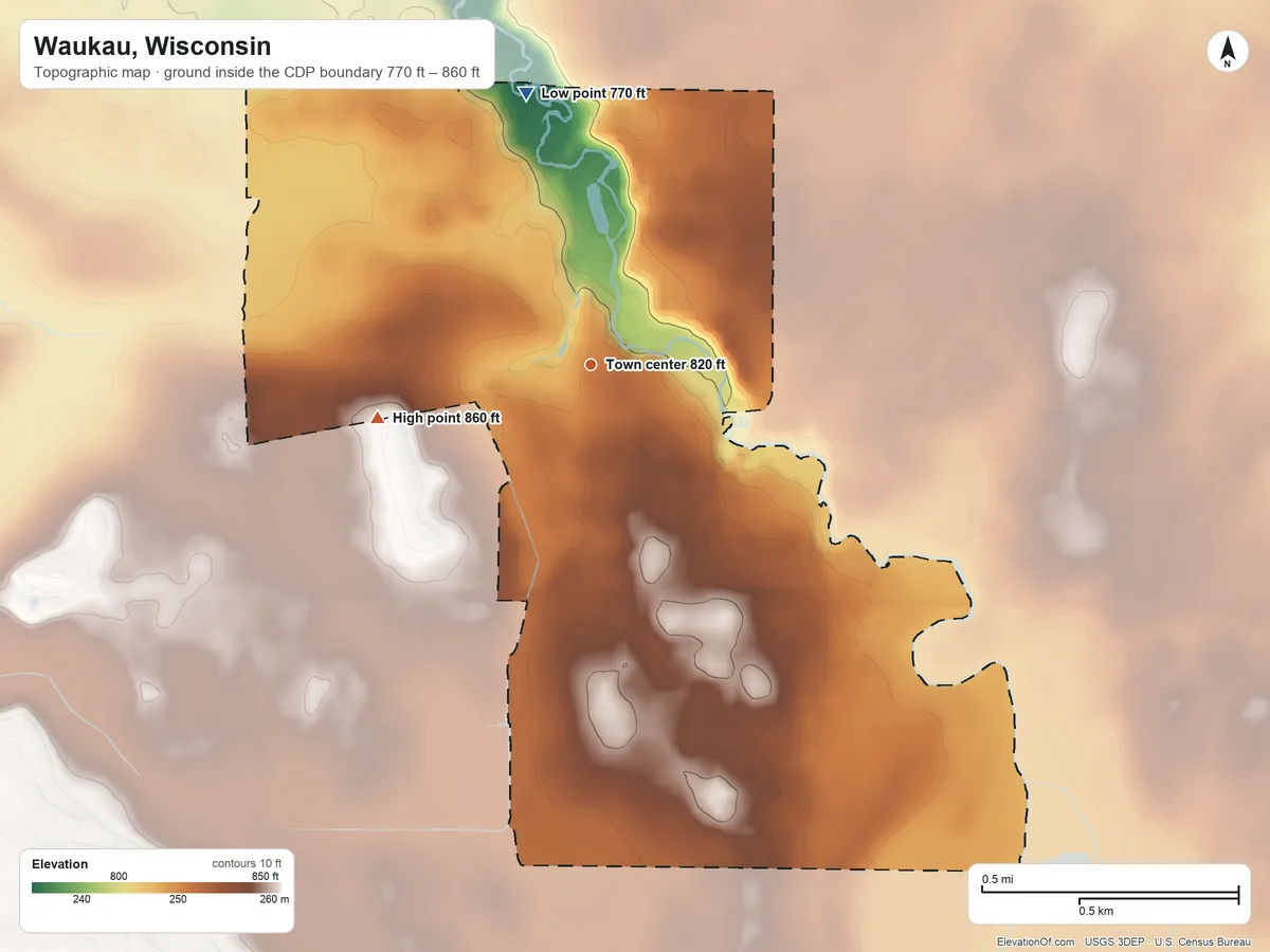 Topographic elevation map of Waukau, Wisconsin, shaded from 770 ft on the north side to 860 ft on the west side