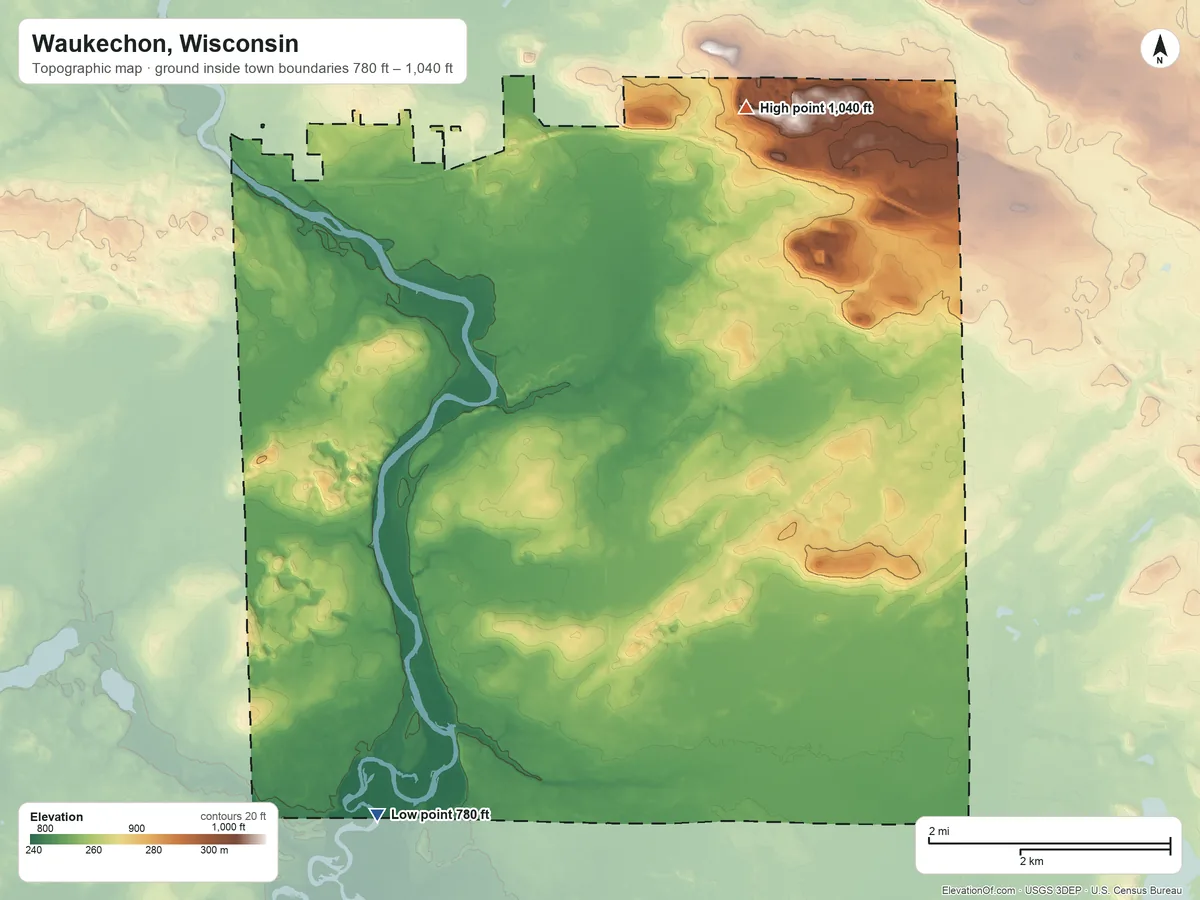 Topographic elevation map of Waukechon, Wisconsin, shaded from 780 ft on the southwest side to 1,040 ft on the north side