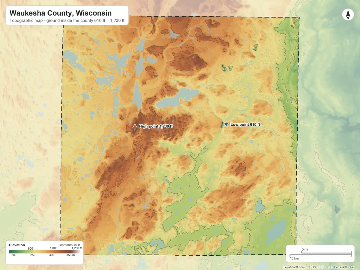 Topographic elevation map of Waukesha County, Wisconsin, shaded from 610 ft on the east side to 1,230 ft on Lapham Hill