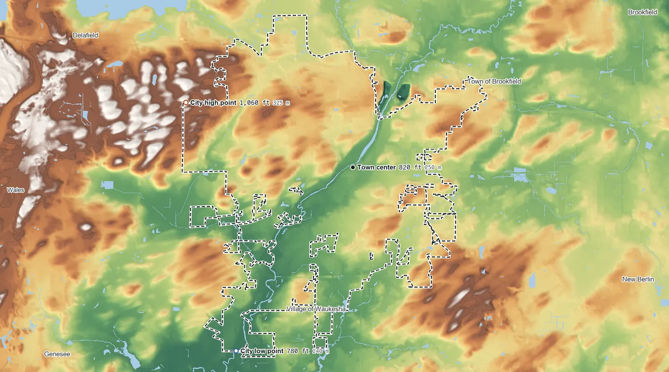 Topographic elevation map of Waukesha, Wisconsin, shaded from 780 ft on the southwest side to 1,060 ft on the west side