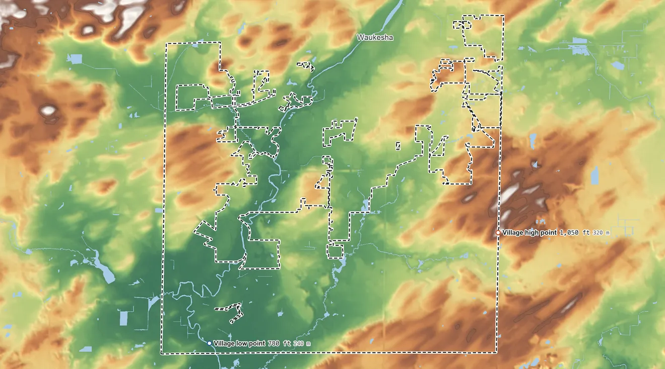 Topographic elevation map of Village of Waukesha, Wisconsin, shaded from 780 ft on the southwest side to 1,050 ft on the east side