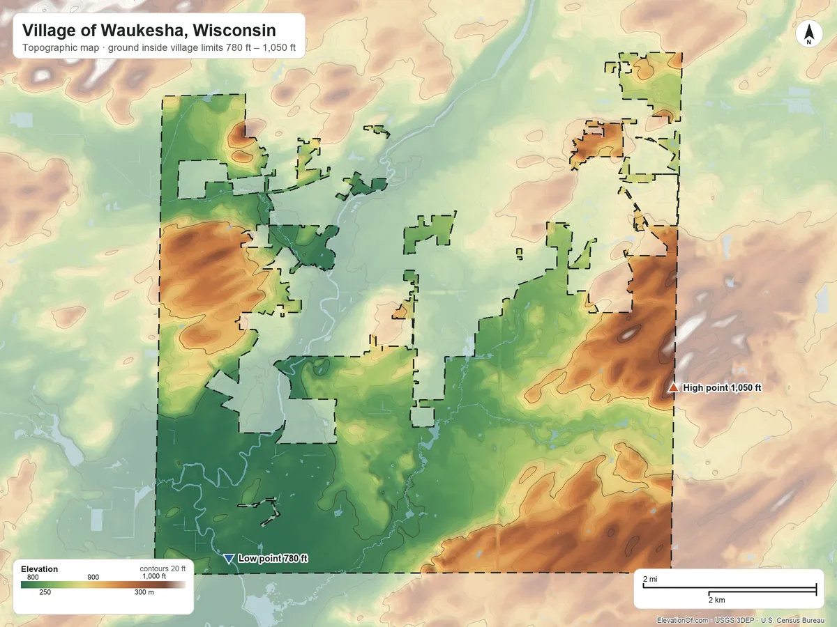 Topographic elevation map of Village of Waukesha, Wisconsin, shaded from 780 ft on the southwest side to 1,050 ft on the east side