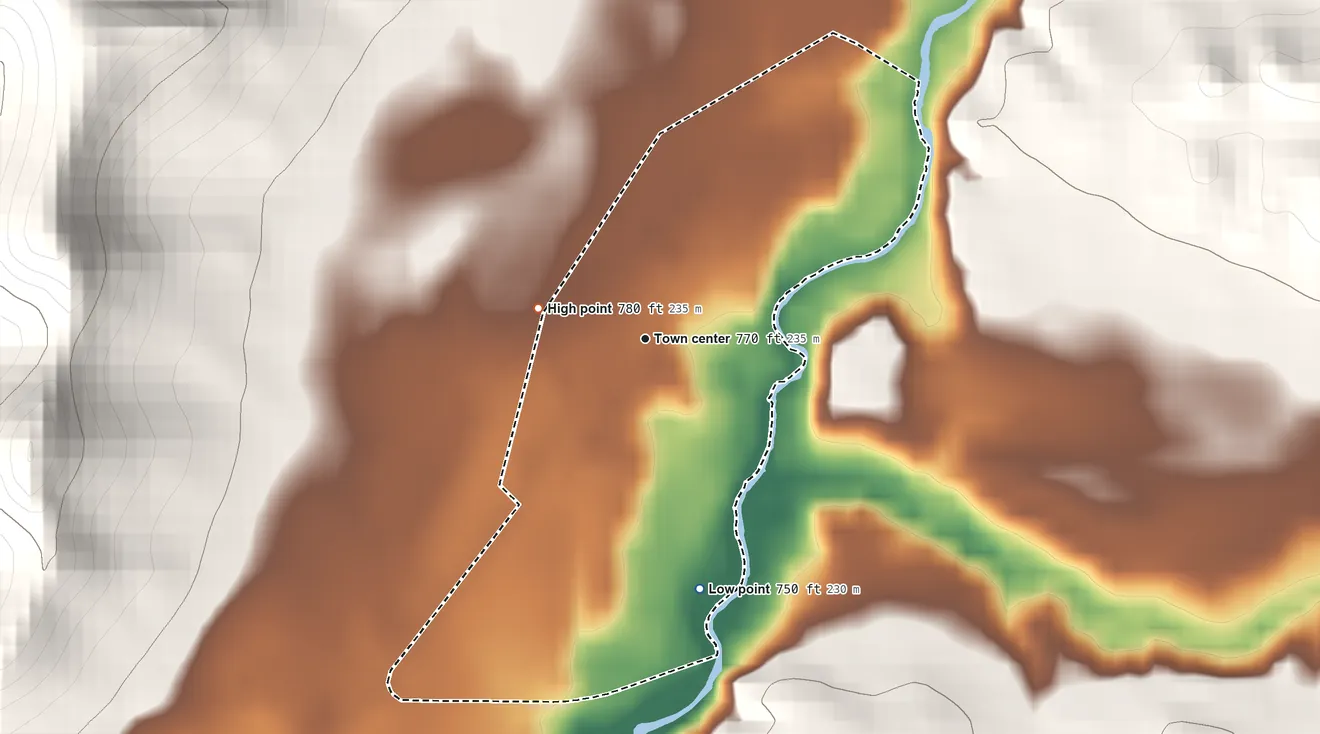 Topographic elevation map of Waumandee, Buffalo County, Wisconsin, shaded from 750 ft on the south side to 780 ft on the west edge, below higher ground just outside