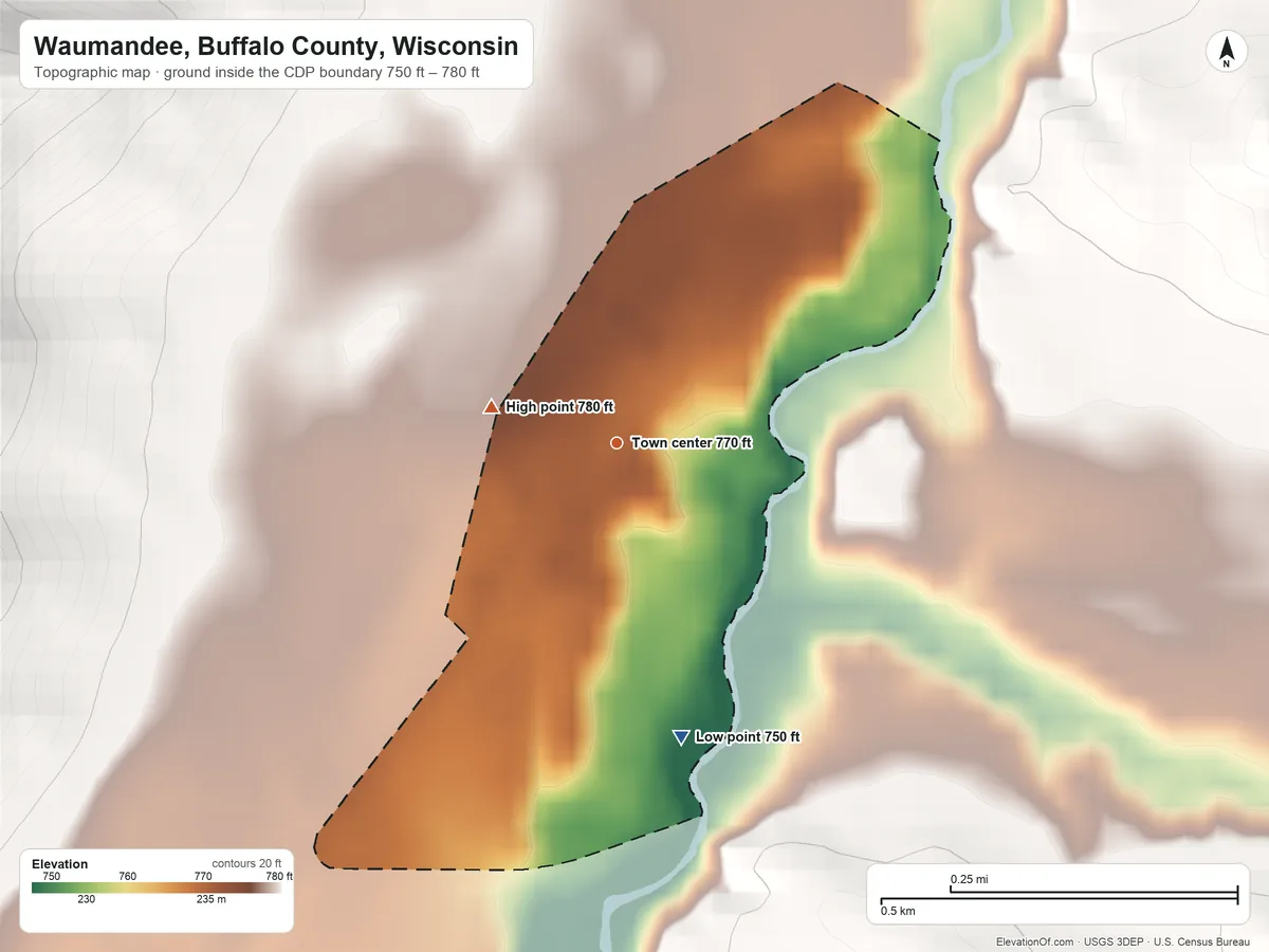Topographic elevation map of Waumandee, Buffalo County, Wisconsin, shaded from 750 ft on the south side to 780 ft on the west edge, below higher ground just outside