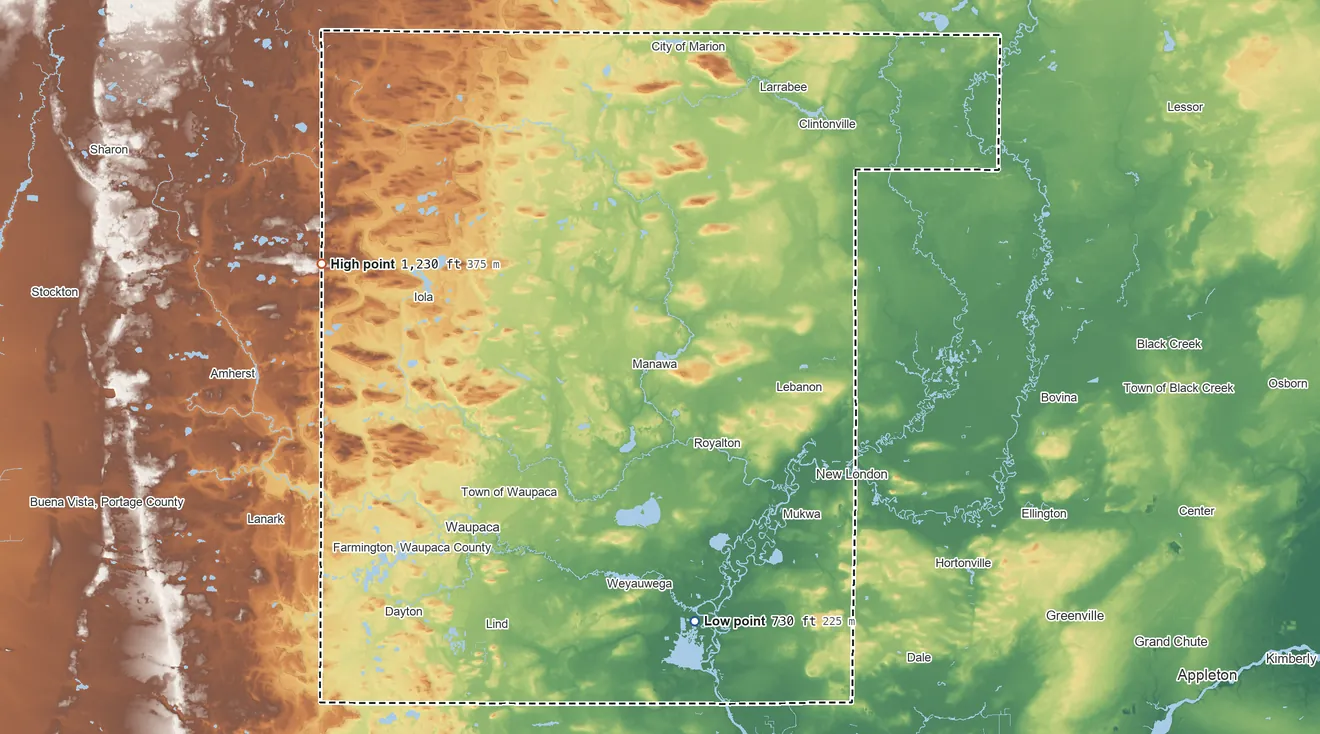 Topographic elevation map of Waupaca County, Wisconsin, shaded from 730 ft on the south side to 1,230 ft on the west side