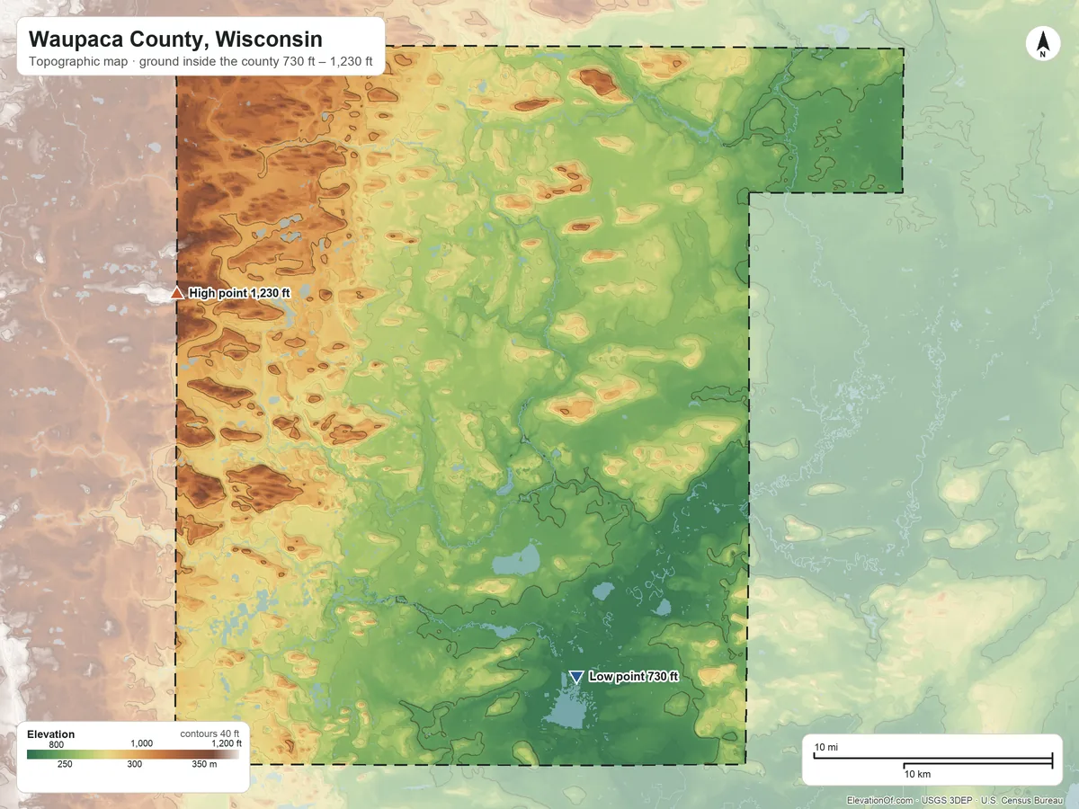 Topographic elevation map of Waupaca County, Wisconsin, shaded from 730 ft on the south side to 1,230 ft on the west side