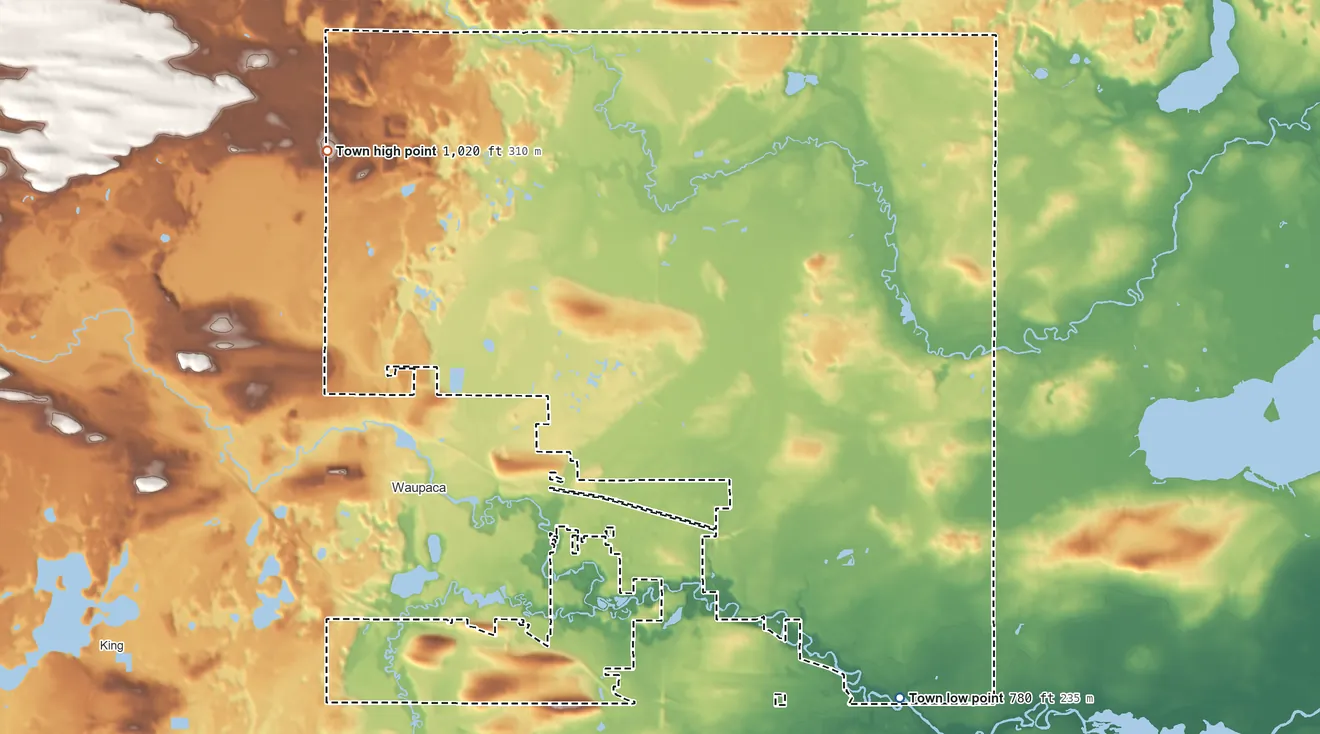 Topographic elevation map of Town of Waupaca, Wisconsin, shaded from 780 ft on the southeast side to 1,020 ft on the northwest side