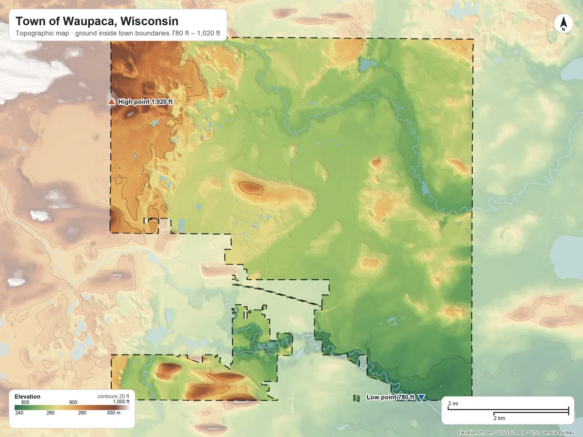 Topographic elevation map of Town of Waupaca, Wisconsin, shaded from 780 ft on the southeast side to 1,020 ft on the northwest side