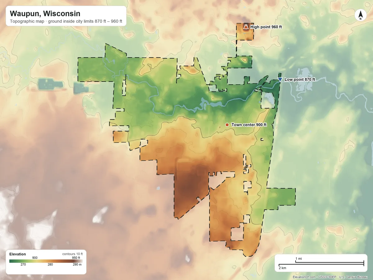 Topographic elevation map of Waupun, Wisconsin, shaded from 870 ft on the northeast side to 960 ft on the north side