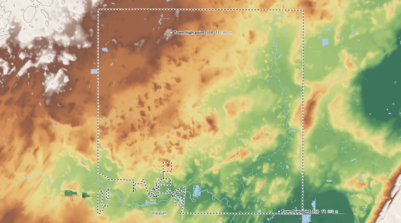 Topographic elevation map of Town of Waupun, Wisconsin, shaded from 860 ft on the southeast side to 980 ft on the north side