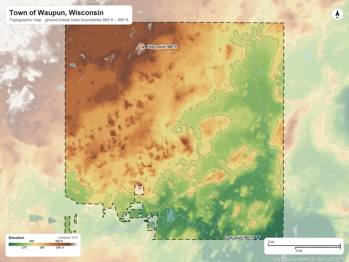 Topographic elevation map of Town of Waupun, Wisconsin, shaded from 860 ft on the southeast side to 980 ft on the north side