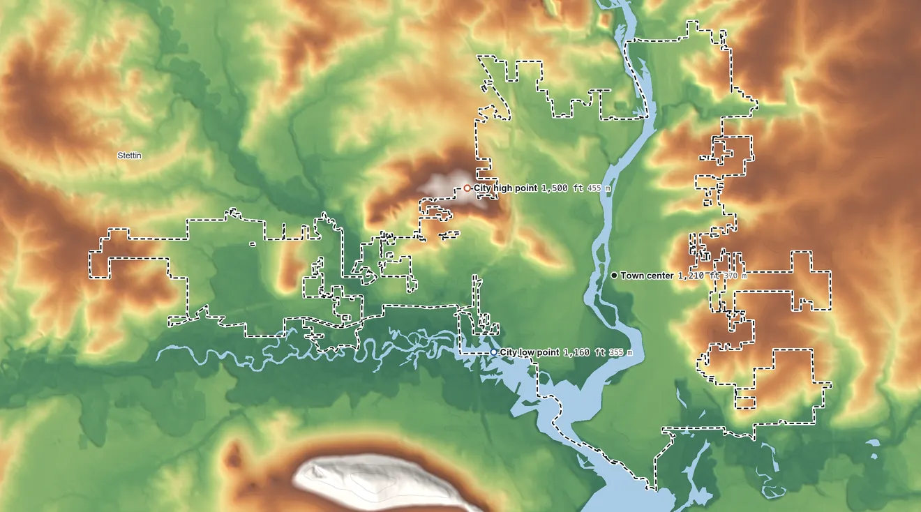 Topographic elevation map of Wausau, Wisconsin, shaded from 1,160 ft on the southwest side to 1,500 ft on the northwest side