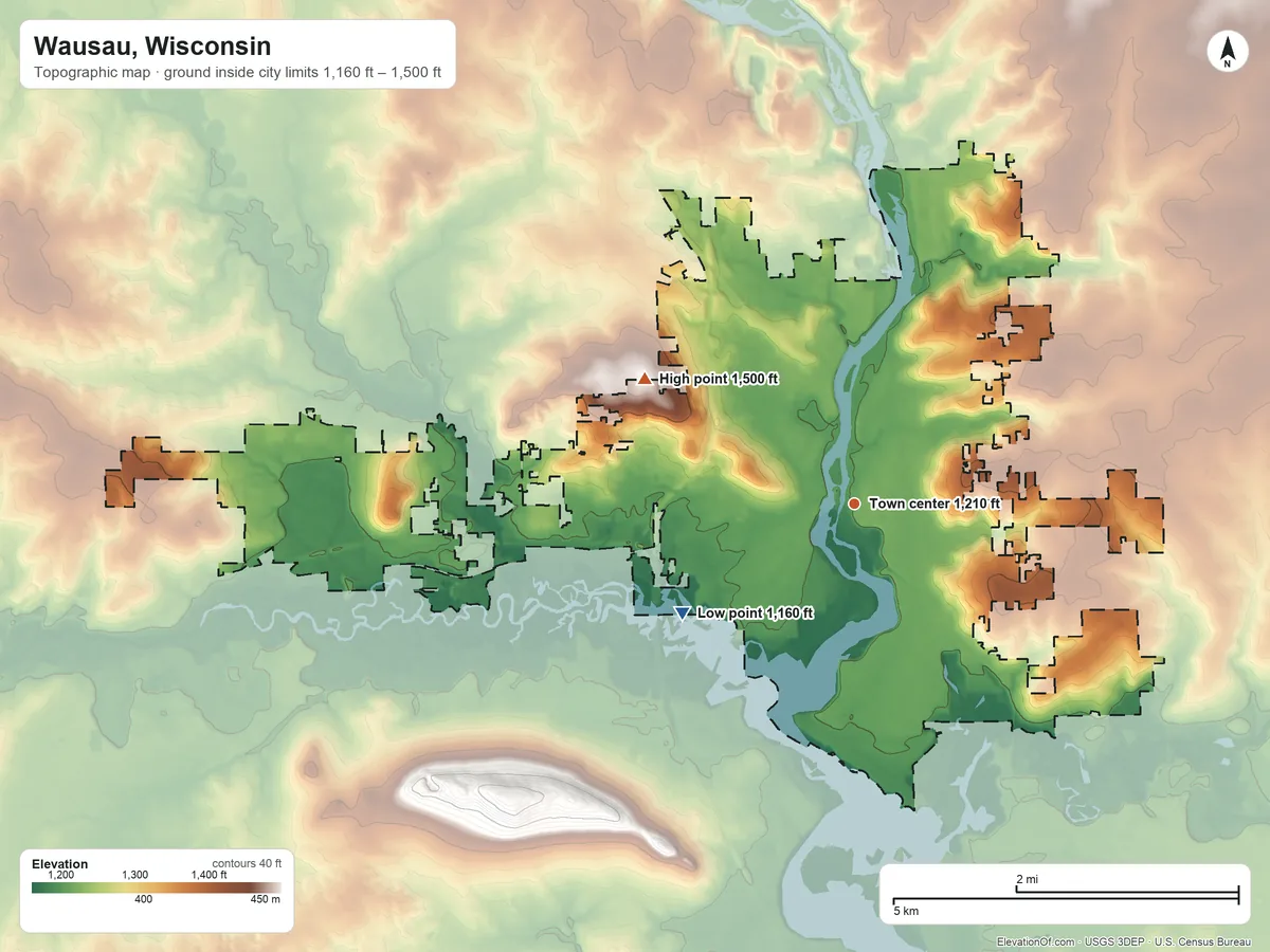 Topographic elevation map of Wausau, Wisconsin, shaded from 1,160 ft on the southwest side to 1,500 ft on the northwest side
