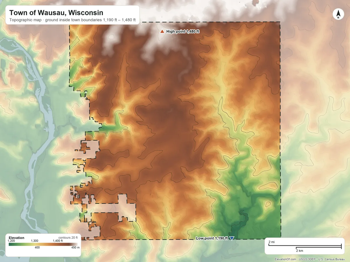 Topographic elevation map of Town of Wausau, Wisconsin, shaded from 1,190 ft on the southeast side to 1,480 ft on the north side