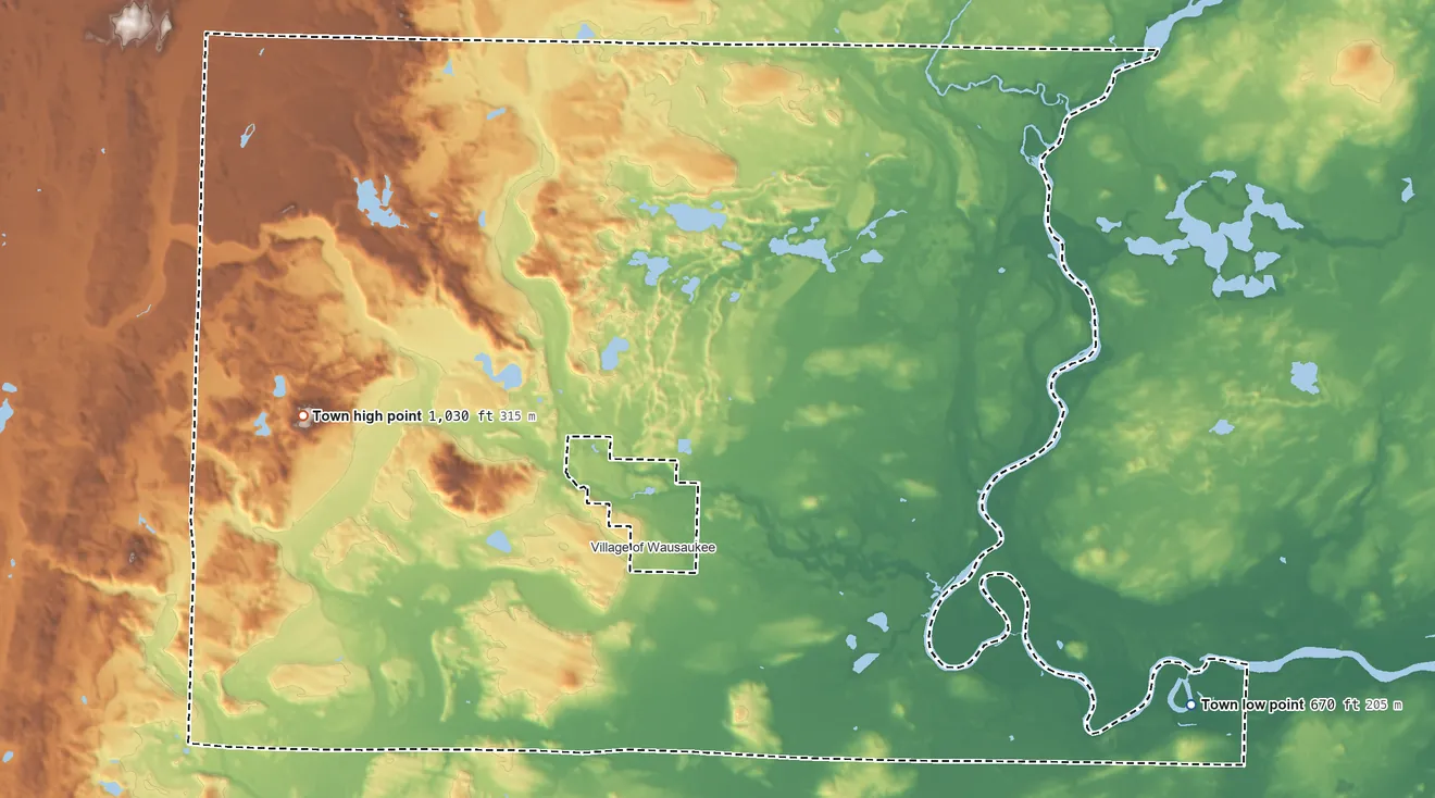 Topographic elevation map of Wausaukee, Wisconsin, shaded from 670 ft on the southeast side to 1,030 ft on the west side