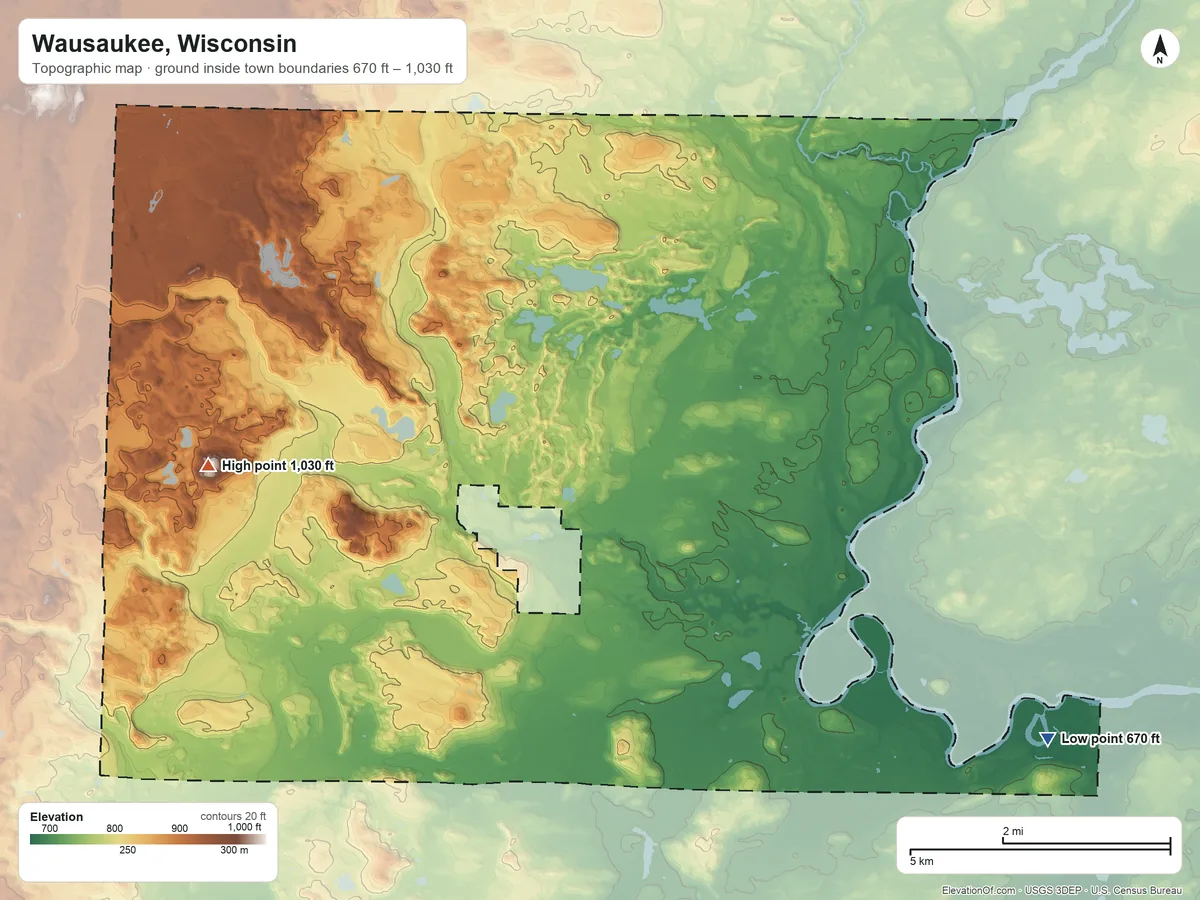 Topographic elevation map of Wausaukee, Wisconsin, shaded from 670 ft on the southeast side to 1,030 ft on the west side