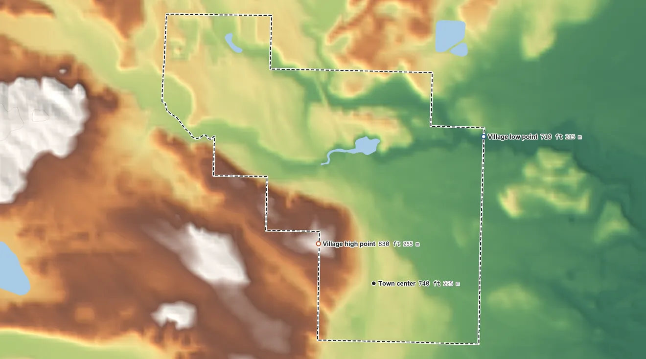 Topographic elevation map of Village of Wausaukee, Wisconsin, shaded from 710 ft on the northeast side to 830 ft on the northwest side
