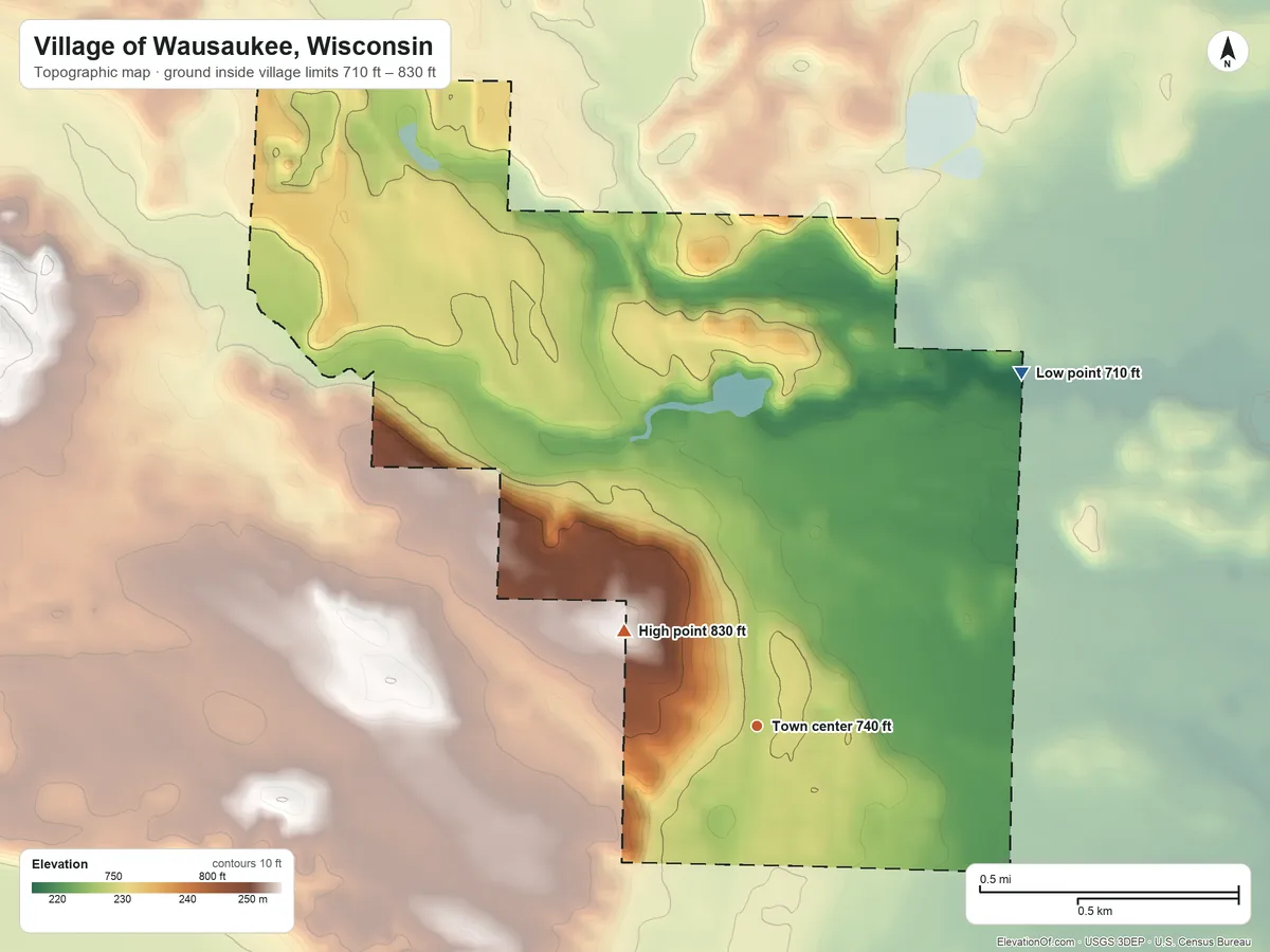 Topographic elevation map of Village of Wausaukee, Wisconsin, shaded from 710 ft on the northeast side to 830 ft on the northwest side