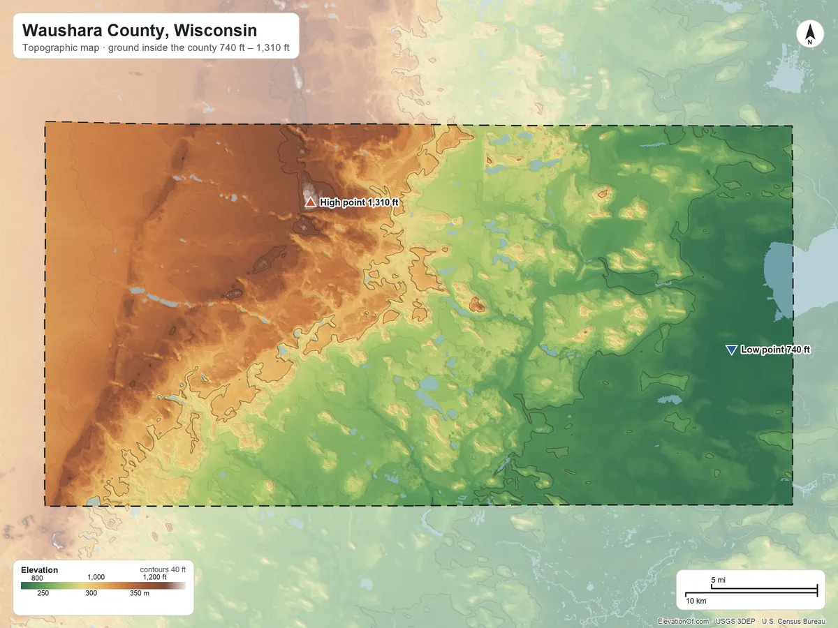 Topographic elevation map of Waushara County, Wisconsin, shaded from 740 ft on the east side to 1,310 ft on the northwest side