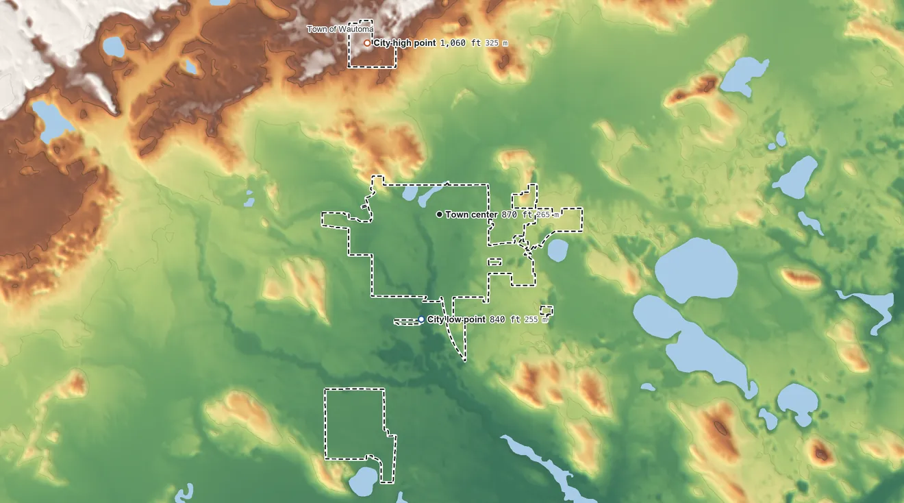 Topographic elevation map of Wautoma, Wisconsin, shaded from 840 ft on the south side to 1,060 ft on the northwest side