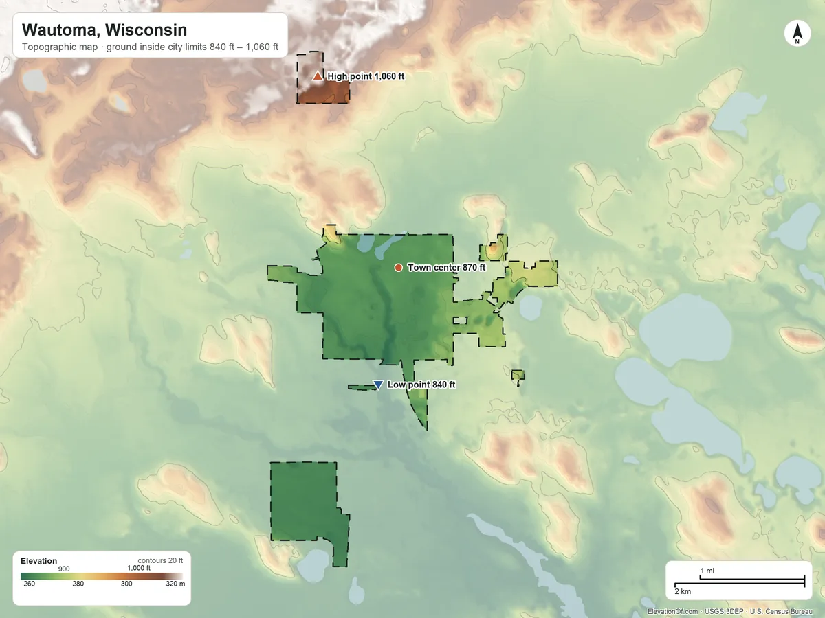 Topographic elevation map of Wautoma, Wisconsin, shaded from 840 ft on the south side to 1,060 ft on the northwest side