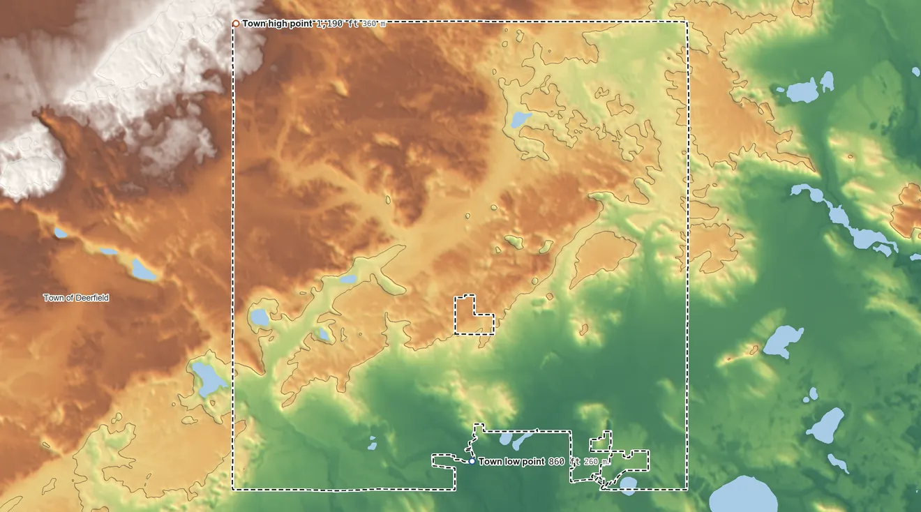 Topographic elevation map of Town of Wautoma, Wisconsin, shaded from 860 ft on the south side to 1,190 ft on the northwest side
