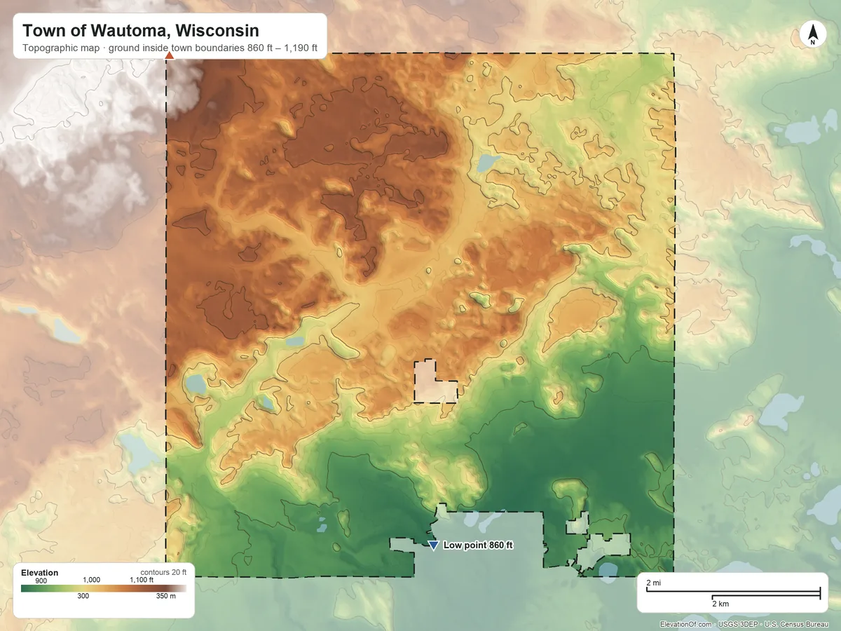 Topographic elevation map of Town of Wautoma, Wisconsin, shaded from 860 ft on the south side to 1,190 ft on the northwest side